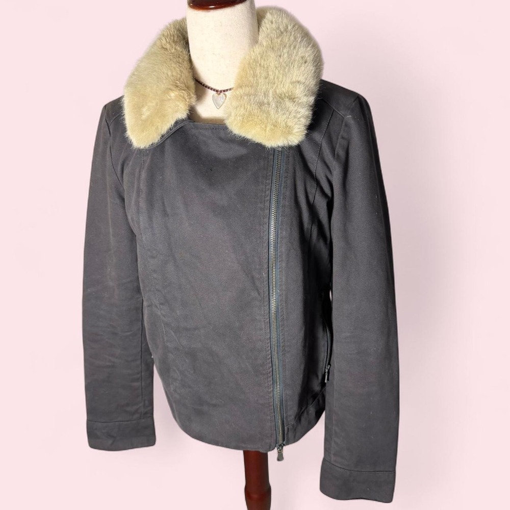 y2k calvin Klein indie sleaze fur collar 100% cotton grey moto  jacket  alt